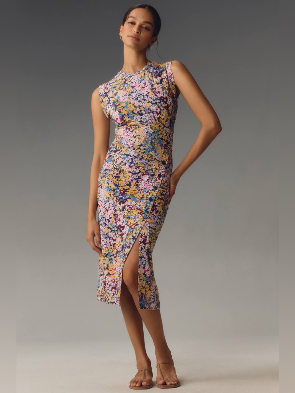 Grey State Chiara Midi Dress Large floral sleeveless stretch slit Anthropologie